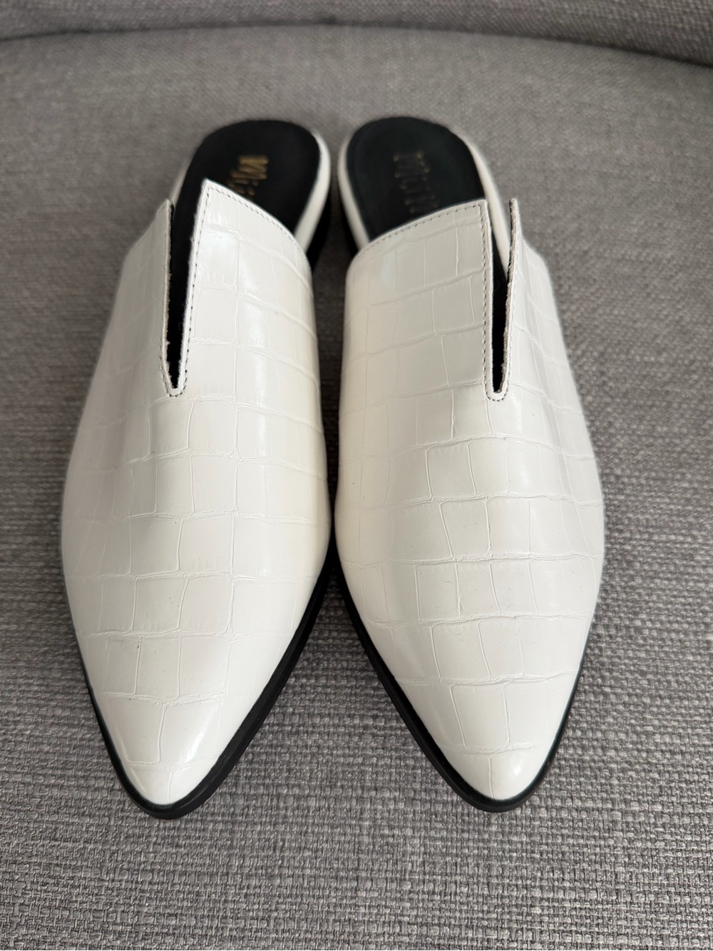 Croc-Embossed White Pointed Slip-On Mules